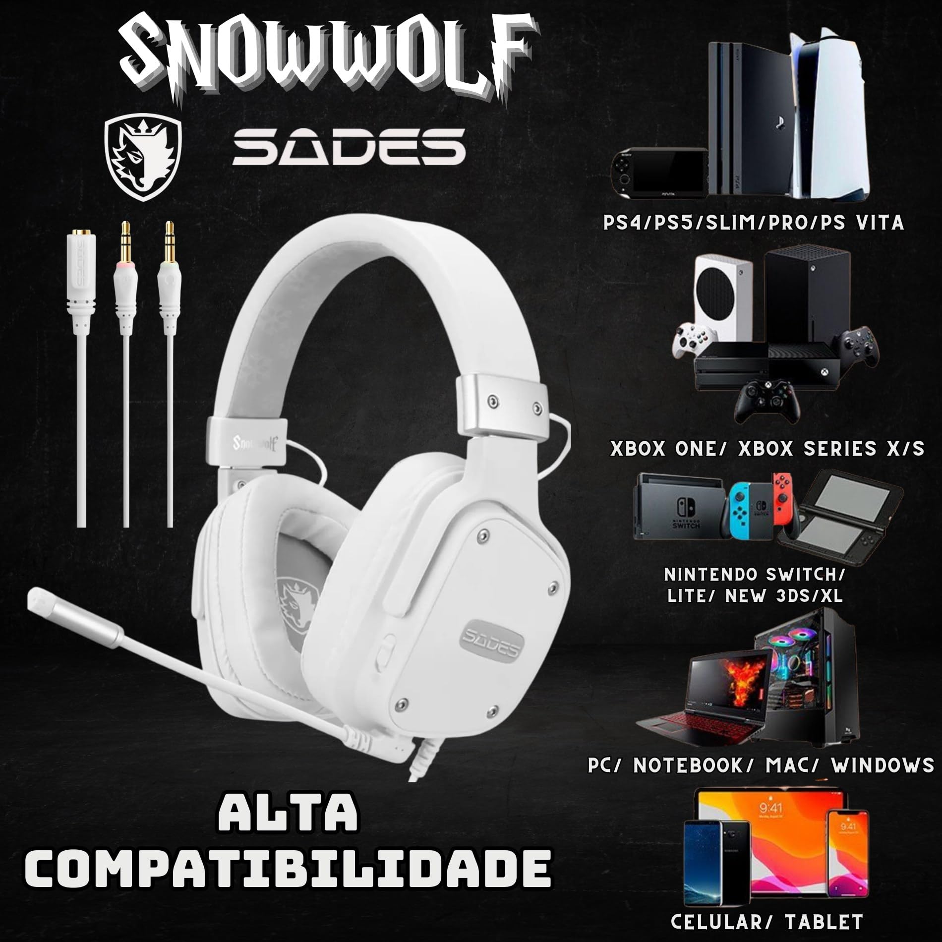 Headset Sades Snowwolf Multifuncional Fone de Ouvido Gamer para